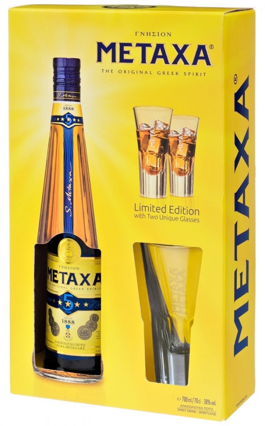 METAXA 5 STARS BRANDY 70CL 2 GLASS