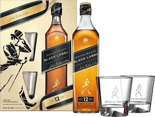 JOHNNIE WALKER BLACK LABEL +2 GLASS BLENDED WHISKY 70CL